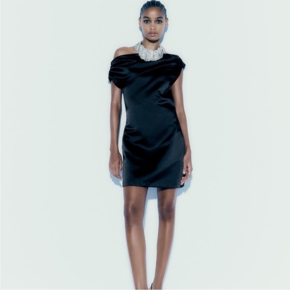 Zara asymmetrical cowl neck black satin mini dress
